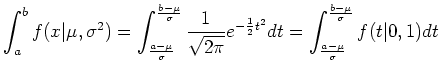 $\displaystyle \int_a^b f(x\vert\mu , \sigma^2) = 
 \int_{\frac{a-\mu}{\sigma}}^...
...{1}{2}t^2}dt =
 \int_{\frac{a-\mu}{\sigma}}^{\frac{b-\mu}{\sigma}}f(t\vert,1)dt$